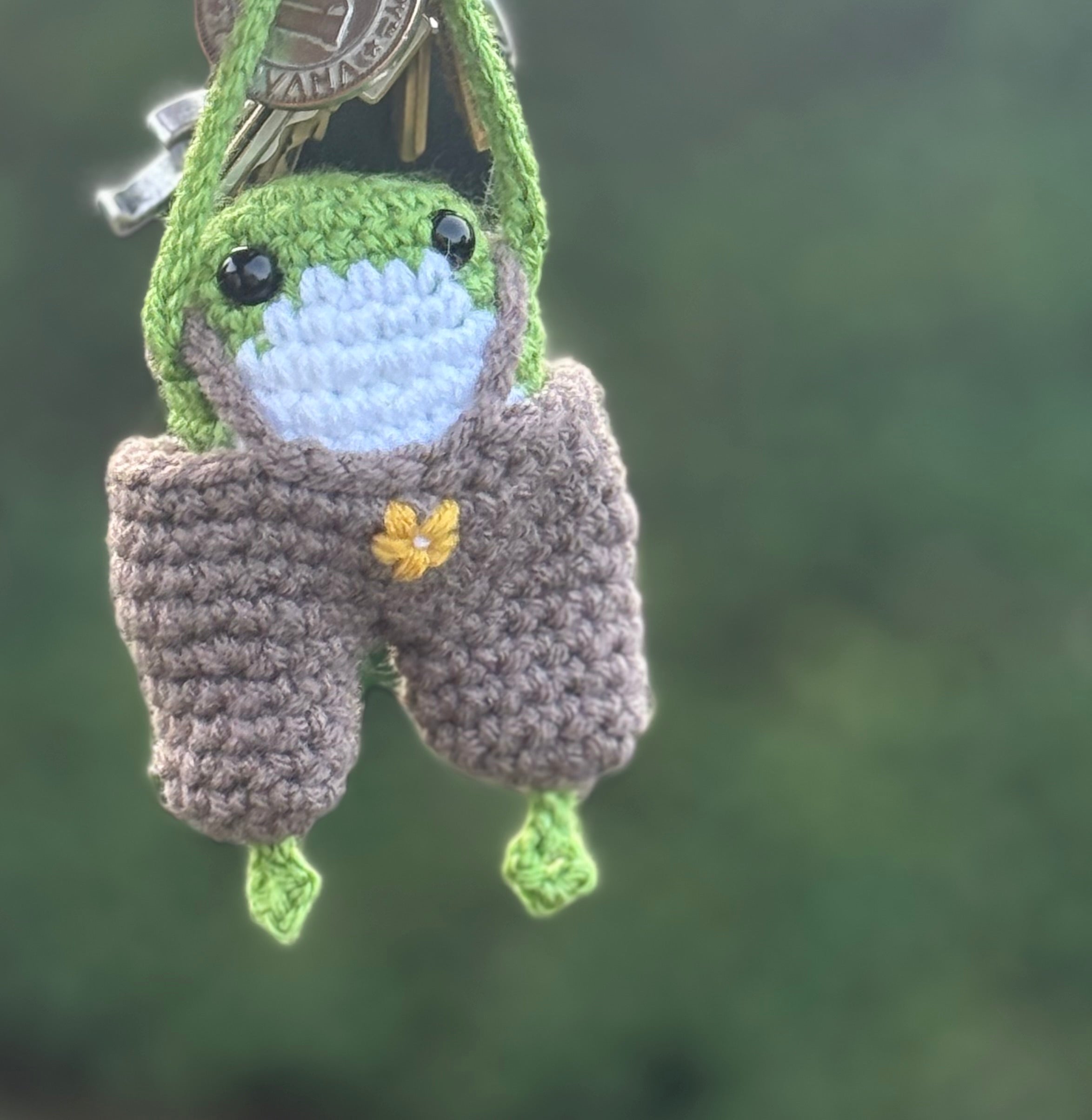 frog wearing brown overalls w/ flower big keychain (made to order)